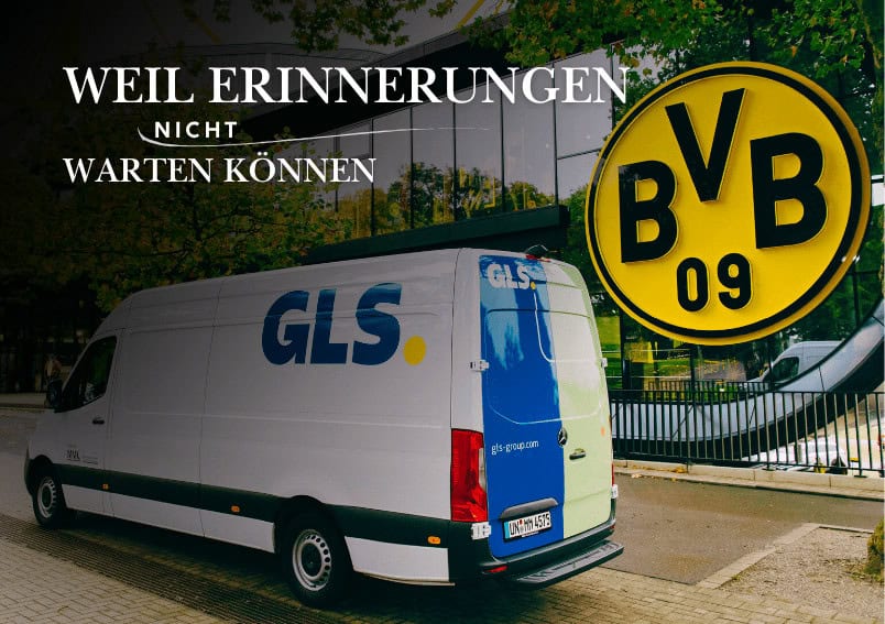 Ein GLS-Lieferwagen parkt vor einem Gebäude mit einem großen BVB 09-Logo und dem deutschen Text Weil Erinnerungen nicht warten können.