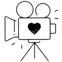 Eine einfache schwarz-weiße Strichzeichnung einer alten Filmkamera mit einer Herzform in der Mitte, die auf einem Stativ montiert ist.