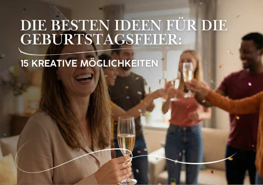 Eine Gruppe von Menschen feiert in einem Haus mit Sekt und Partyhüten. Der Text auf Deutsch lautet: Die besten Ideen für die Geburtstagsfeier: 15 kreative Überraschung Geburtstag Ideen.