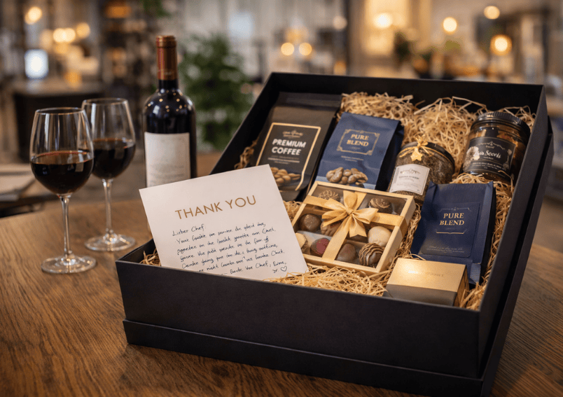 Geschenkbox mit Wein und Leckereien für den Chef als Dankeschön.
