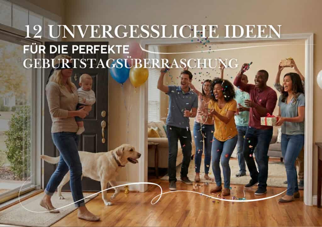 Eine Gruppe von Menschen überrascht eine Frau an der Tür mit Luftballons, Geschenken und Konfetti, während ein Hund in der Nähe steht; ein deutscher Text über ideen geburtstagsüberraschung überlagert das Bild.