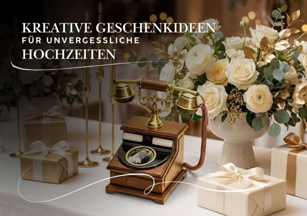 Ein dekorierter Hochzeitstisch mit eingepackten Geschenken, weißen und cremefarbenen Blumenarrangements und einem alten Drehtelefon. Der Text auf Deutsch lautet: Kreative Geschenkideen Hochzeit für unvergessliche Momente.
